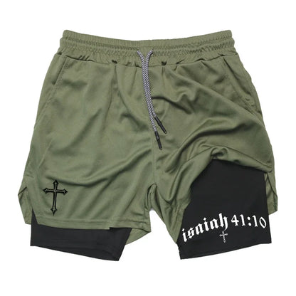 Men's BiBible patterned two-in-one sports shorts Christian fitness training mobile phone pocket running