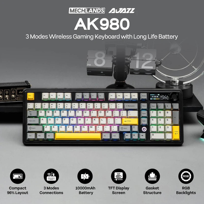 AJAZZ AK980 Mechanical Gaming keyboard, 2.9cm TFT Screen, Volume Knob, 98-Key Gasket Structure, RGB Lighting, Hot-Swappable PR4