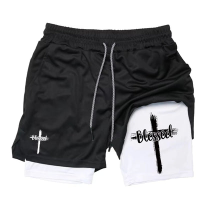 Summer New Shorts Man Cross Bible Print Gym Fitness Shorts Women's Sports Double-layer 2-in-1 Pant Quick-Drying Beach Shorts Y2k