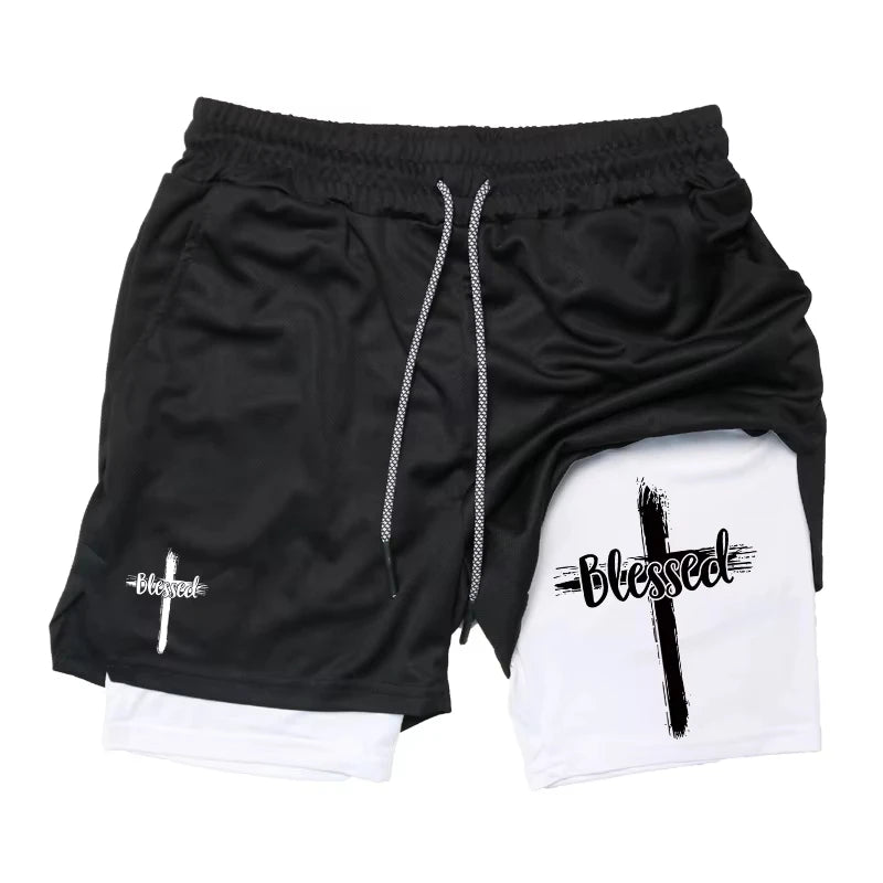 Summer New Shorts Man Cross Bible Print Gym Fitness Shorts Women's Sports Double-layer 2-in-1 Pant Quick-Drying Beach Shorts Y2k