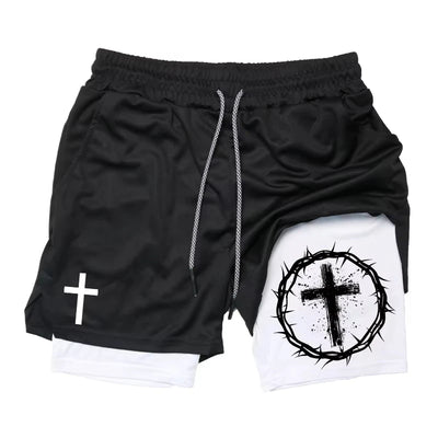 Summer New Shorts Man Cross Bible Print Gym Fitness Shorts Women's Sports Double-layer 2-in-1 Pant Quick-Drying Beach Shorts Y2k