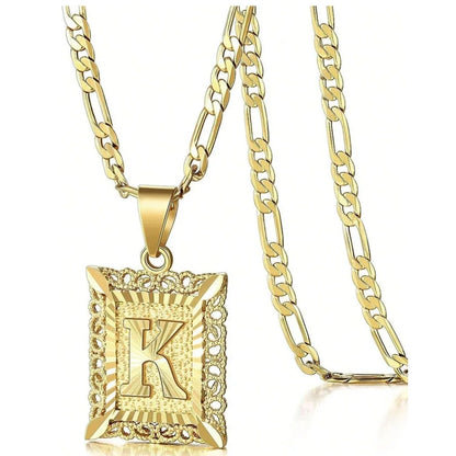 Initial Necklace Square Letter Pendant Necklace Capital Monogram Necklace Alhpabets From A-Z Figaro Chain Necklace