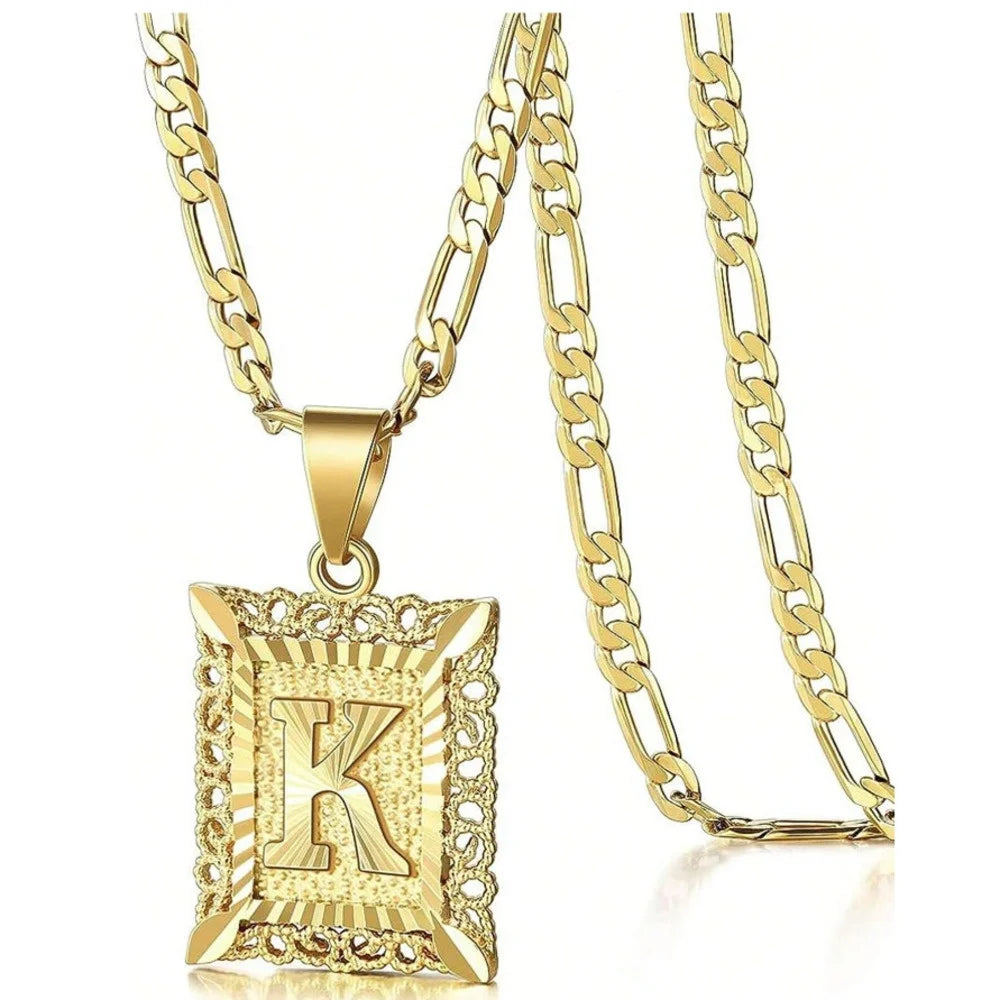 Initial Necklace Square Letter Pendant Necklace Capital Monogram Necklace Alhpabets From A-Z Figaro Chain Necklace