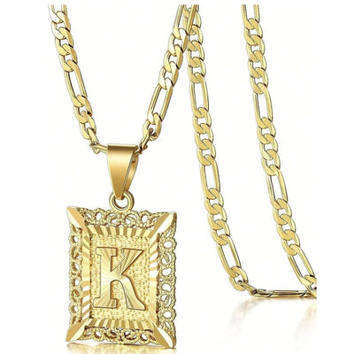 Initial Necklace Square Letter Pendant Necklace Capital Monogram Necklace Alhpabets From A-Z Figaro Chain Necklace