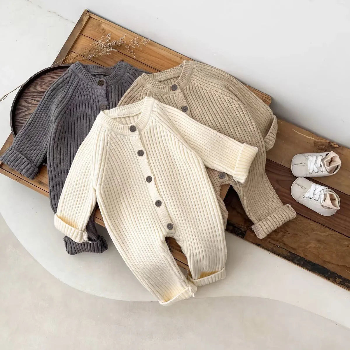 Baby Clothes Girl Boy Solid Color Knitted Romper 0-18M Baby Newborn Items Button Front Ribbed Long Sleeve Casual Autumn Jumpsuit