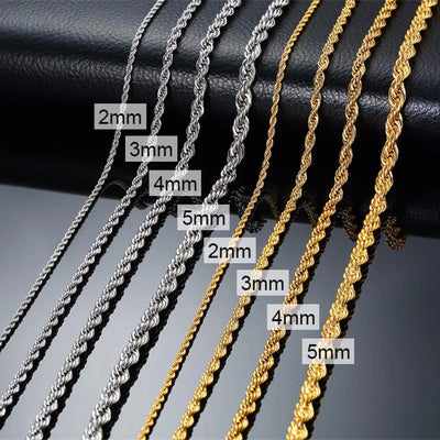 Ropes Long Necklace for Men Women,Stainless Steel Minimalist Twist Rope Chain Necklace,Punk Gold Silver Black Color 2 TO 5mm