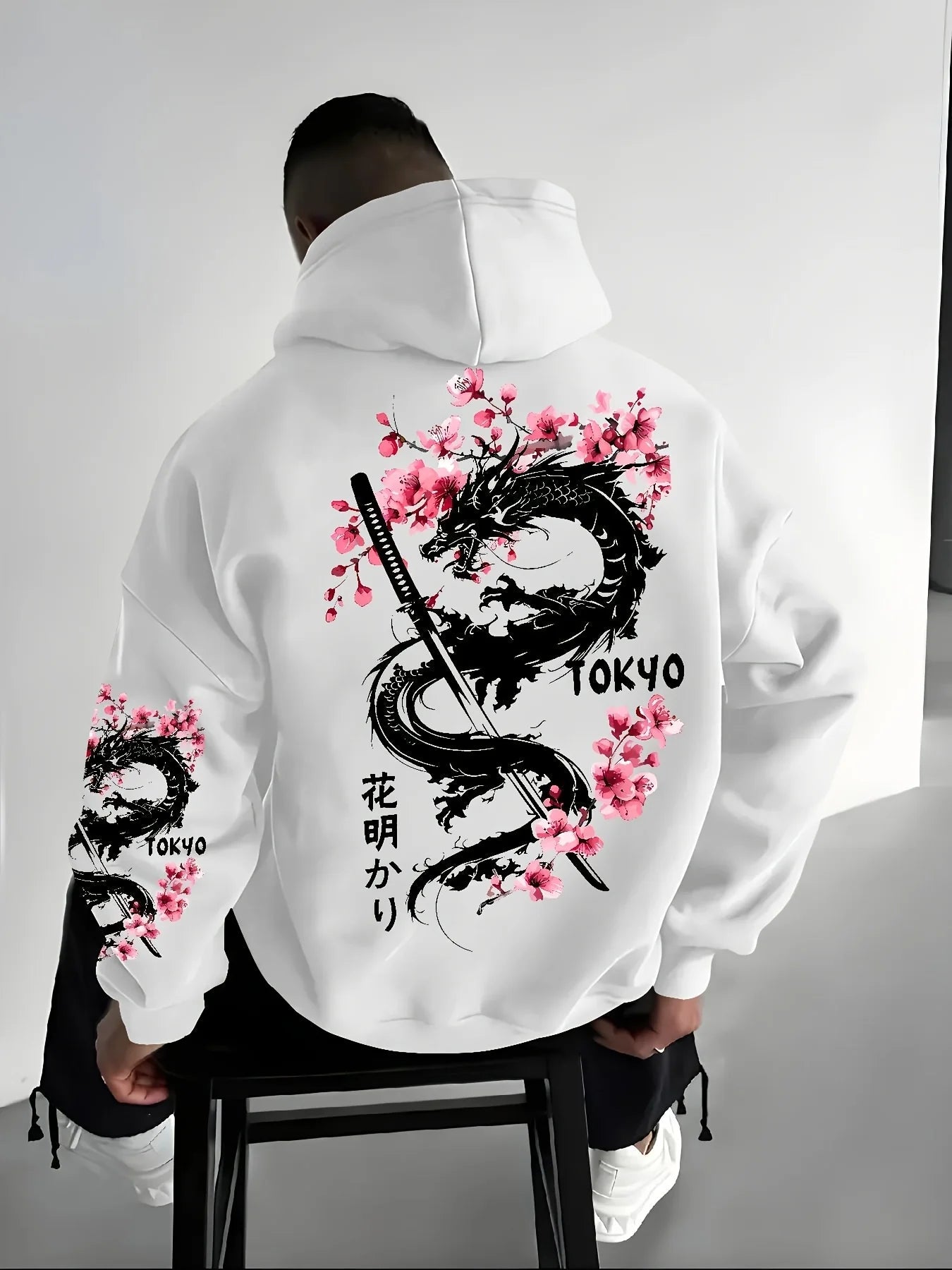 New Men's Anime Dragon Cherry Blossom Printed Hooded Sweatshirt Winter Fleece Warm Casual Street Comfort Inspired Design Hoodie