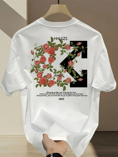 Cotton Graphic Tee 100 Cotton Men's Graphic T Shirt Heavyweight Black Geometric Floral Print with Pink Roses Green Leaves