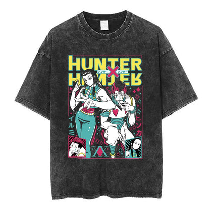 Anime Hunter X Hunter Logo Vintage Washed T Shirt Killua Gon Cherry Blossom Graphic T-shirt Men Fashion Casual Oversized Tshirt