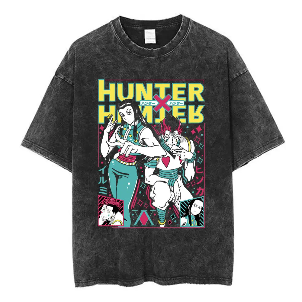 Anime Hunter X Hunter Logo Vintage Washed T Shirt Killua Gon Cherry Blossom Graphic T-shirt Men Fashion Casual Oversized Tshirt