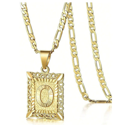 Initial Necklace Square Letter Pendant Necklace Capital Monogram Necklace Alhpabets From A-Z Figaro Chain Necklace