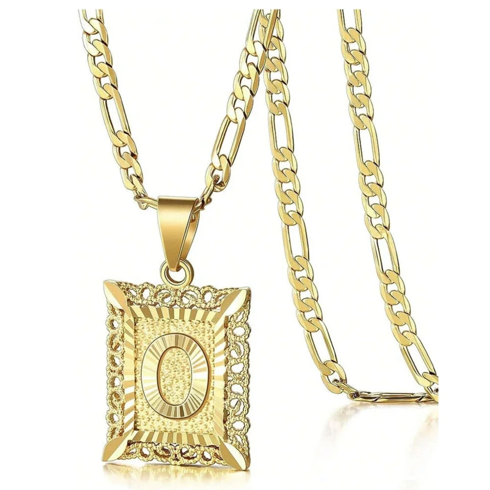 Initial Necklace Square Letter Pendant Necklace Capital Monogram Necklace Alhpabets From A-Z Figaro Chain Necklace