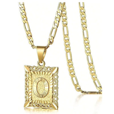 Initial Necklace Square Letter Pendant Necklace Capital Monogram Necklace Alhpabets From A-Z Figaro Chain Necklace