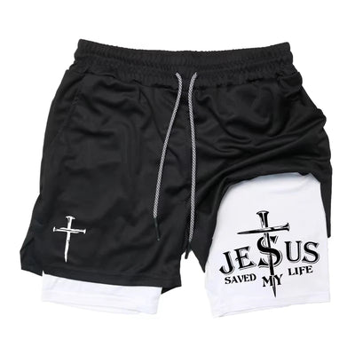 Summer New Shorts Man Cross Bible Print Gym Fitness Shorts Women's Sports Double-layer 2-in-1 Pant Quick-Drying Beach Shorts Y2k
