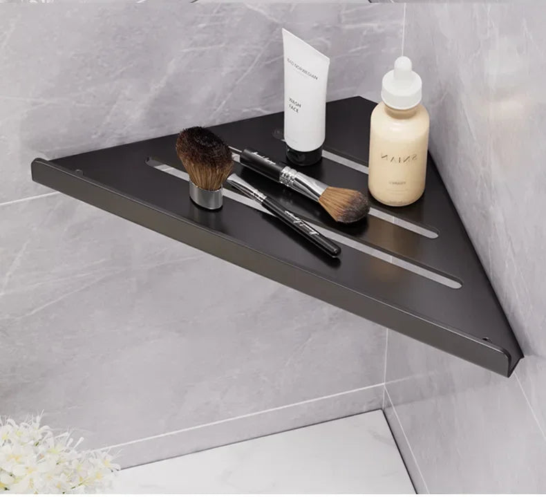 Bathroom Stainless Triangle Drain Shelf No Drilling Wall Mounted Cosmetic and Toiletries Carbon Steel Shelf with Hooks Holder