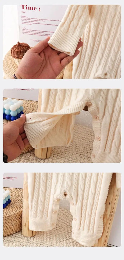Toddler Baby Clothes Cable Romper 0-24M Newborn Boys Girls Warm Knitted Onesie Elastic Cuff Button Side Autumn Casual Jumpsuit