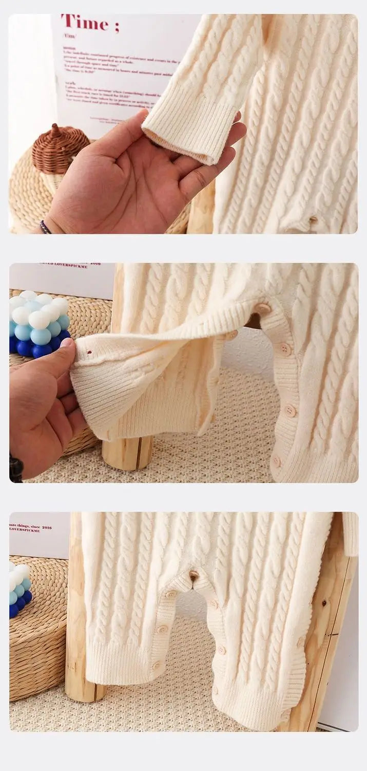 Toddler Baby Clothes Cable Romper 0-24M Newborn Boys Girls Warm Knitted Onesie Elastic Cuff Button Side Autumn Casual Jumpsuit