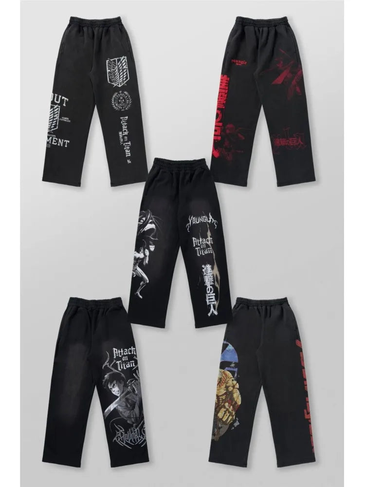 Young American trendy sweatpants collaboration anime joggers, cotton terry print, wide-leg casual pants, hip-hop street pants
