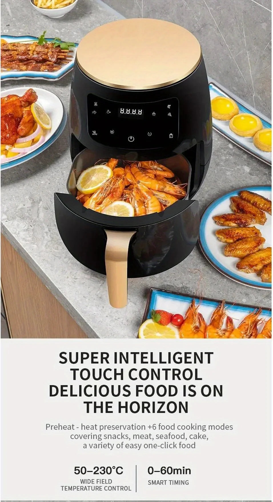 6L Large Capacity Digital Touch Air Fryer Multi Use Non Stick Energy Saving Easy Clean Oven For Household Kitchen Cooking