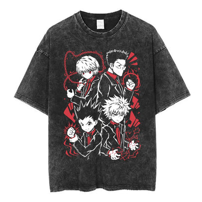 Anime Hunter X Hunter Logo Vintage Washed T Shirt Killua Gon Cherry Blossom Graphic T-shirt Men Fashion Casual Oversized Tshirt
