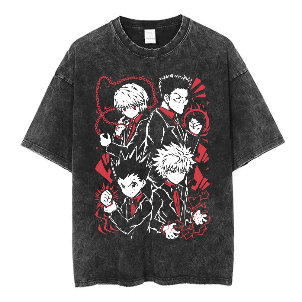 Anime Hunter X Hunter Logo Vintage Washed T Shirt Killua Gon Cherry Blossom Graphic T-shirt Men Fashion Casual Oversized Tshirt