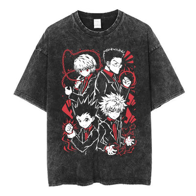 Anime Hunter X Hunter Logo Vintage Washed T Shirt Killua Gon Cherry Blossom Graphic T-shirt Men Fashion Casual Oversized Tshirt