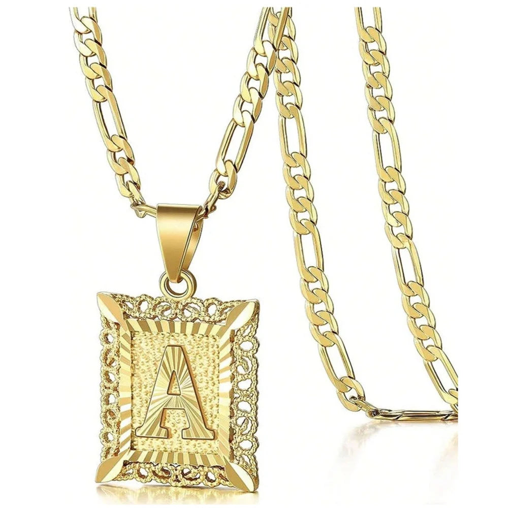 Initial Necklace Square Letter Pendant Necklace Capital Monogram Necklace Alhpabets From A-Z Figaro Chain Necklace