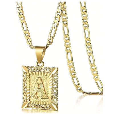 Initial Necklace Square Letter Pendant Necklace Capital Monogram Necklace Alhpabets From A-Z Figaro Chain Necklace