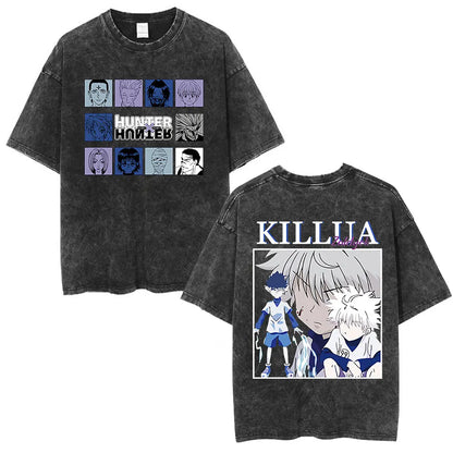 Anime Hunter X Hunter Logo Vintage Washed T Shirt Killua Gon Cherry Blossom Graphic T-shirt Men Fashion Casual Oversized Tshirt