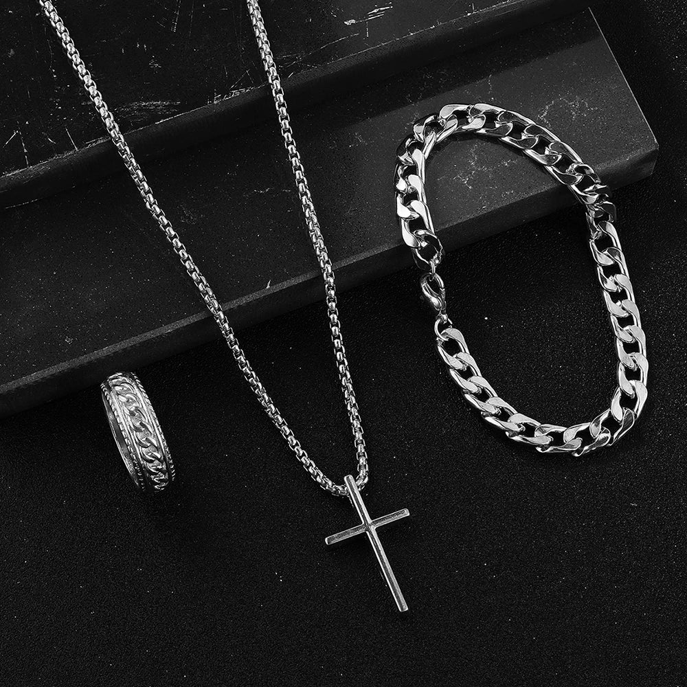 3pcs Set Men's Stainless Steel Metal Cross Pendant Chain Necklace Bracelet Ring Jewelry Set Male Hip Hop Daily Wear Accessories