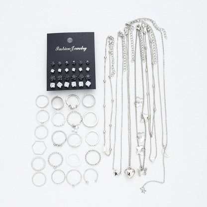 51 Pcs/Set Silver Color Chic Jewelry Set For Women Fashion Butterfly Heart Pearl Necklaces, Earrings, Rings, Match Daily Outfits