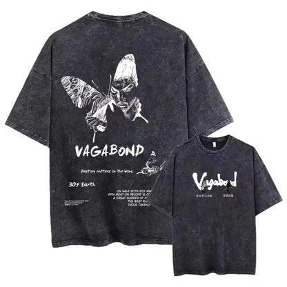 2025 Men Streetwear Anime Vagabond Graphic Print Vintage Harajuku Washed Black T Shirt Men Summer Casual Cotton Loose Top Tee