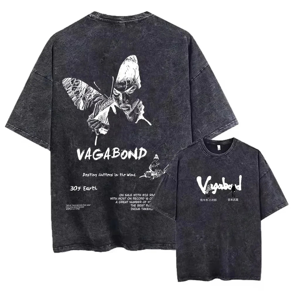 2025 Men Streetwear Anime Vagabond Graphic Print Vintage Harajuku Washed Black T Shirt Men Summer Casual Cotton Loose Top Tee