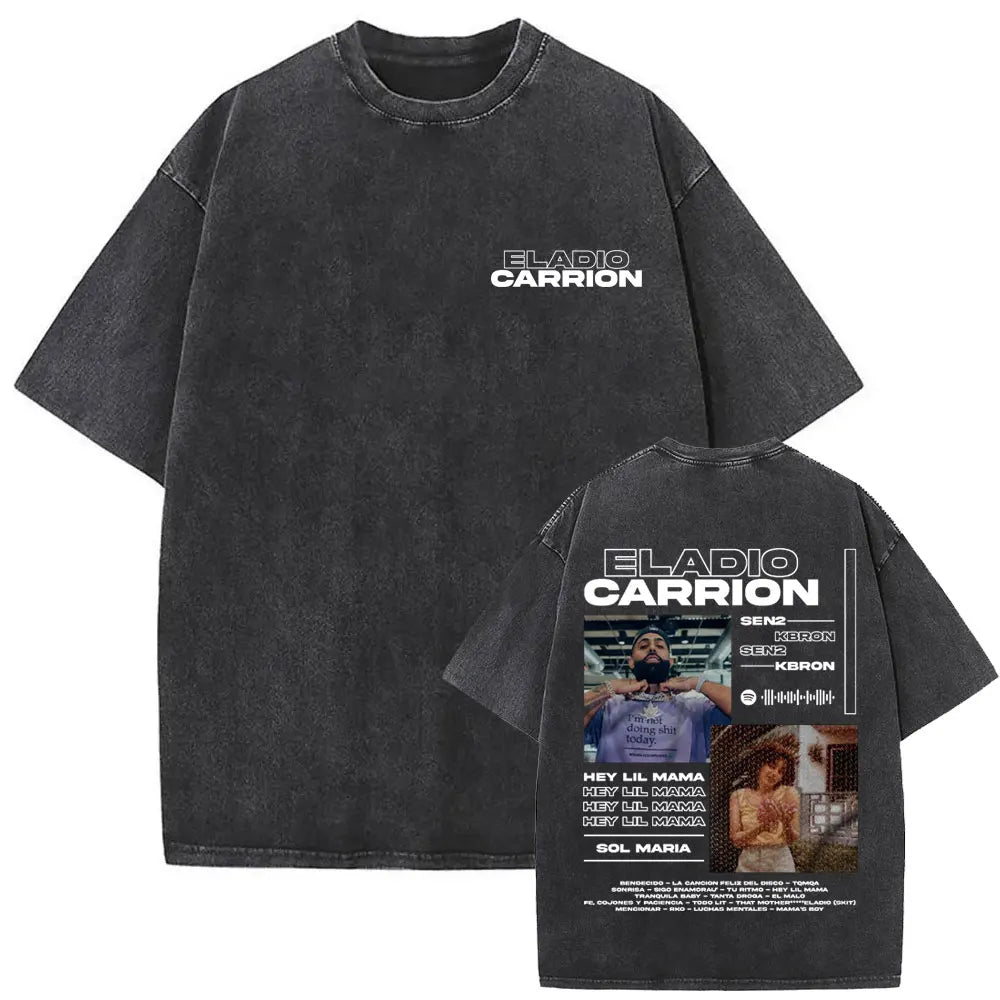 Limited Rapper Eladio Carrion Album Cover Washed Vintage T-shirt Summer Men Women Hip Hop Oversized Street Crewneck T Shirt Tops