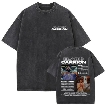 Limited Rapper Eladio Carrion Album Cover Washed Vintage T-shirt Summer Men Women Hip Hop Oversized Street Crewneck T Shirt Tops