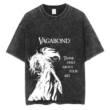 2025 Men Streetwear Anime Vagabond Graphic Print Vintage Harajuku Washed Black T Shirt Men Summer Casual Cotton Loose Top Tee