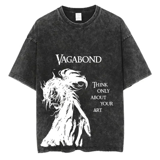 2025 Men Streetwear Anime Vagabond Graphic Print Vintage Harajuku Washed Black T Shirt Men Summer Casual Cotton Loose Top Tee