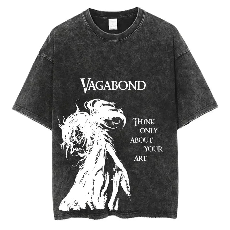 2025 Men Streetwear Anime Vagabond Graphic Print Vintage Harajuku Washed Black T Shirt Men Summer Casual Cotton Loose Top Tee
