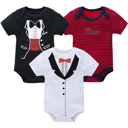 3 Pcs/set New Baby Boy Clothes Summer 100%Cotton Blue Grey Tie Print Three Piece Short Sleeve Bodysuit vetements bebe For 0-12M