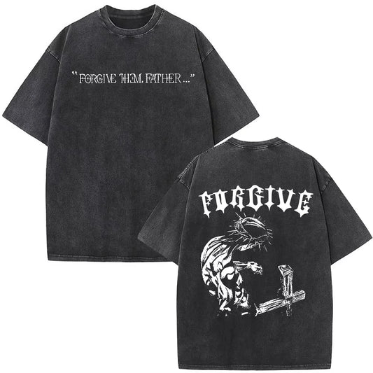 Summer Jesus Christian Forgive Them Father Vintage Washed T-shirts Men Women Fashion Cotton Short Sleeves  T Shirts Streetwear