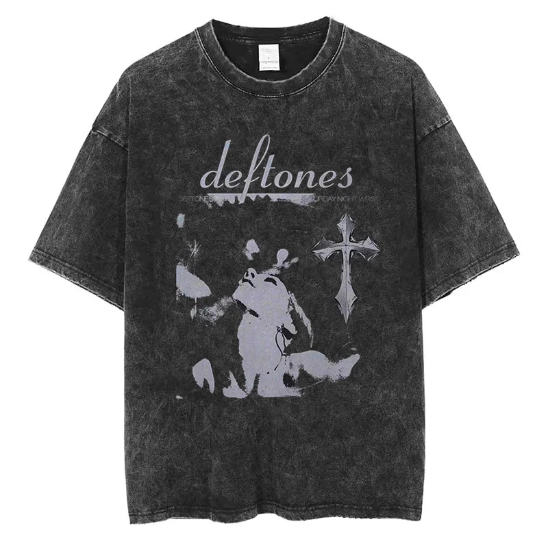 Hip Hop Deftones Men Women Plus Size Summer Washed T Shirt  Vintage Print Cotton Tshirt Fashion Design Tee Streetwear Unisex Top