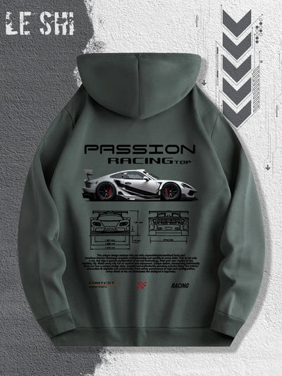 Men'S Passionate Racing Graphic Hoodie Featuring Race Cars and Sports Car Illustrations, Perfect for Everyday Wear