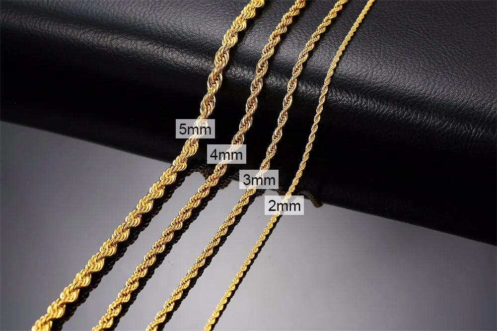 Ropes Long Necklace for Men Women,Stainless Steel Minimalist Twist Rope Chain Necklace,Punk Gold Silver Black Color 2 TO 5mm