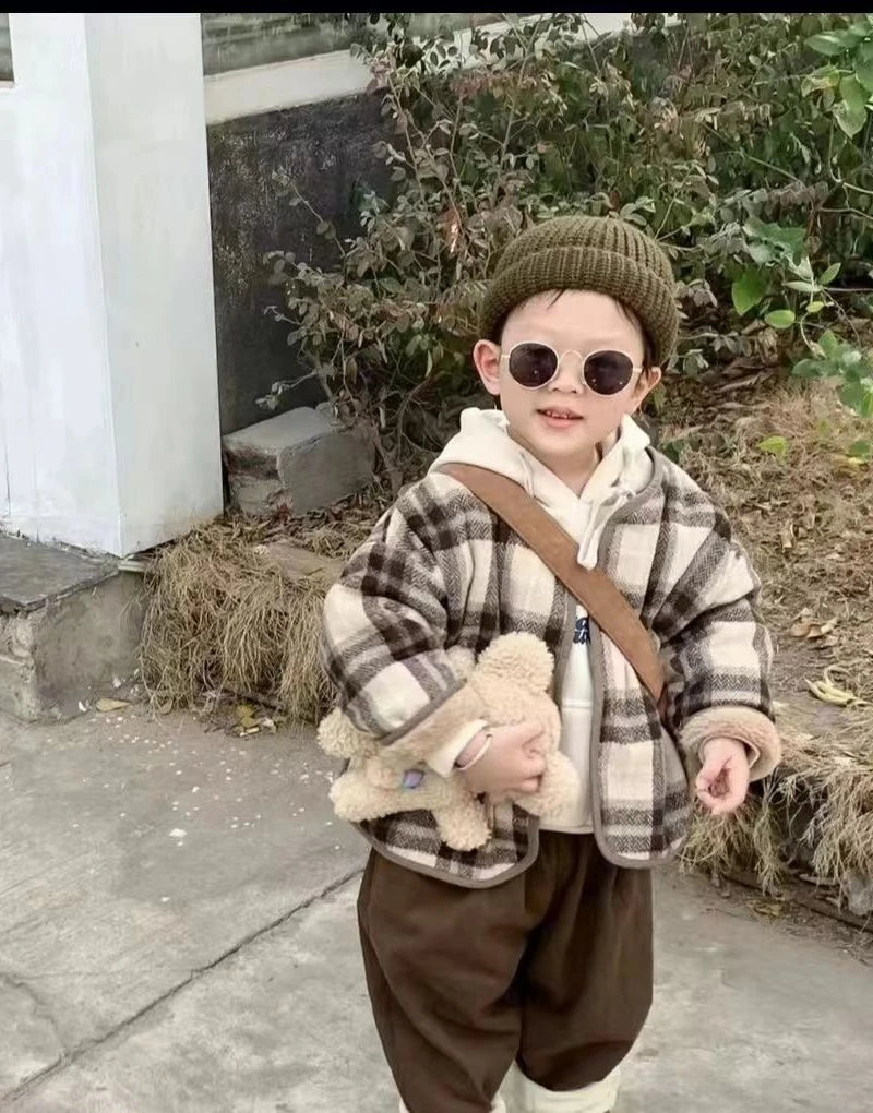 Woolen Plaid Children's Plush Coat Korean Version Autumn and Winter New Boys' and Girls' Coats Loose Baby Cotton Padded Clothes