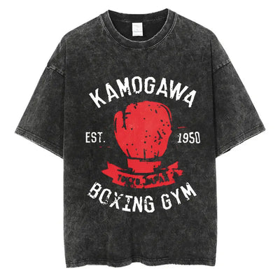 Vintage Cotton Washed T-Shirt Anime Hajime No Ippo Kamogawa Boxing Gym Loose T Shirts Men Women Y2K Hip Hop Summer Top Tee