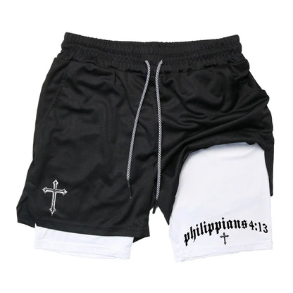 Men's BiBible patterned two-in-one sports shorts Christian fitness training mobile phone pocket running
