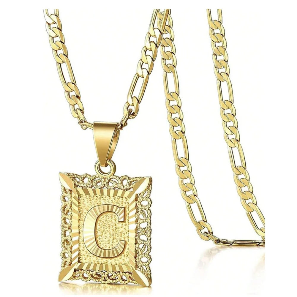 Initial Necklace Square Letter Pendant Necklace Capital Monogram Necklace Alhpabets From A-Z Figaro Chain Necklace