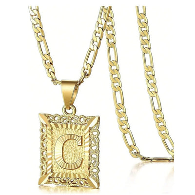 Initial Necklace Square Letter Pendant Necklace Capital Monogram Necklace Alhpabets From A-Z Figaro Chain Necklace