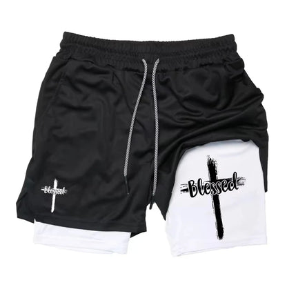 Summer New Cross Bible Printed Shorts: Unisex Double-Layer 2-in-1 Quick-Dry Sports & Fitness Pants, Beach Shorts RL10006
