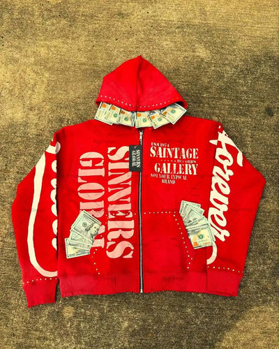 Casual Fashion Harajuku Letter Print Oversized Zipper Hoodie Men Y2K 2025 New American Hip-hop Rock Retro Loose Sweatshirt Women